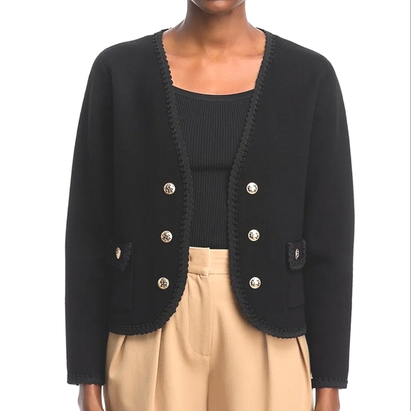 Sioni Black Faux Double Breasted Gold Button Front Short Jacket Evening Glam MD - Picture 2 of 14